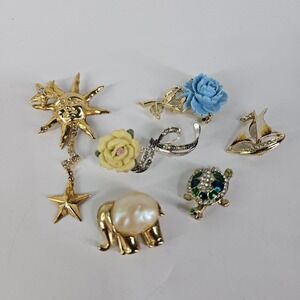 Vintage Pin Brooch Lot Animal Floral Turtle Elephant Celestial Avon Pearl Stone